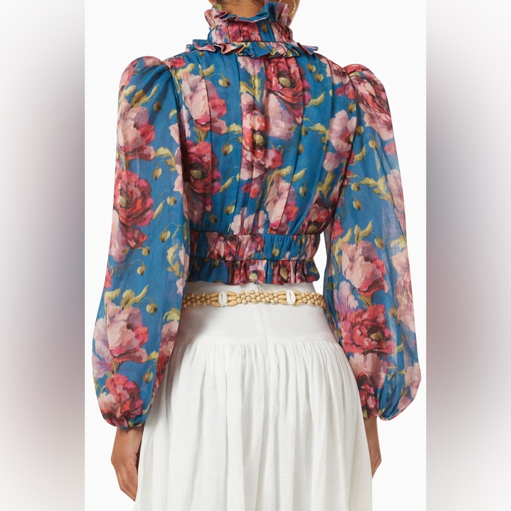 ZIMMERMANN Teal & Pink Floral-Print Cropped Ramie Blouse | Size 0 - Picture 4 of 8